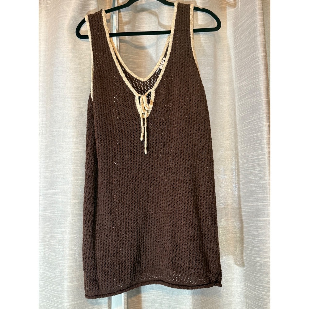 Sincerely Jules Brown Crochet Cover Up Mini Dress 100% Cotton Tie Front Swim  XL
